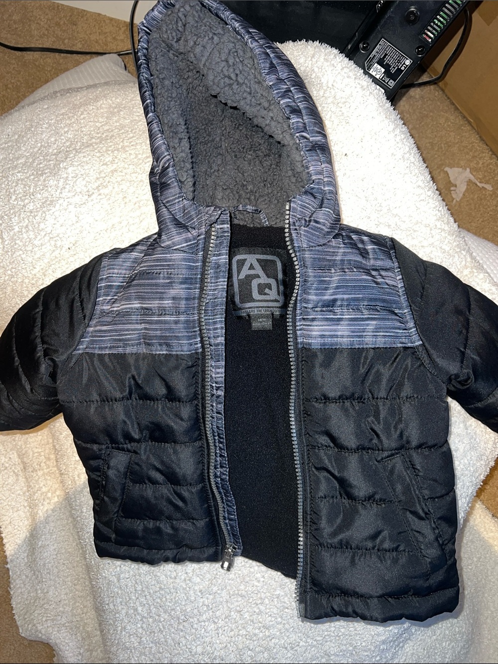 Kids Black & Gray Hooded Puffer Jacket 18 months